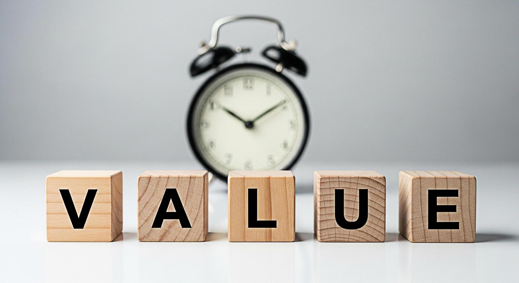 Wooden blocks spelling VALUE in a bright studio setting with a blurred alarm clock in the background representing the concept of time value importance and financial worth photo