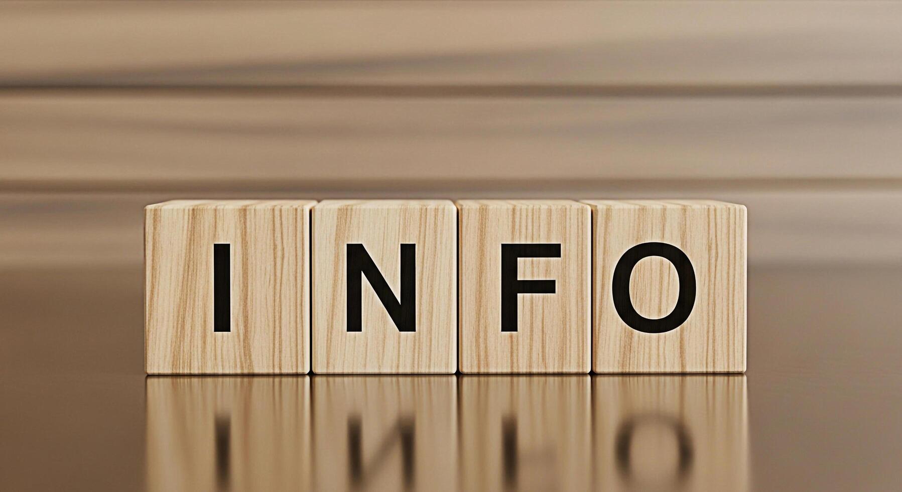 Wooden blocks spelling INFO on a reflective surface conveying clarity and accessibility in a professional setting emphasizing the importance of clear communication and readily available information photo