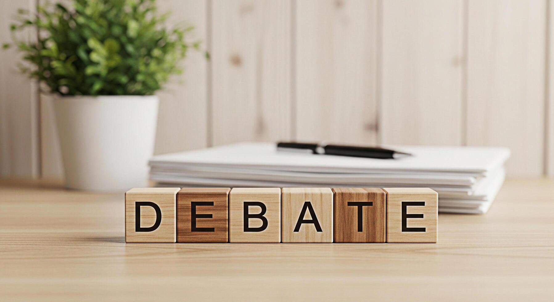 Wooden blocks spelling DEBATE on a desk with a pen and paper in a bright office setting representing discussion critical thinking and the importance of communication skills photo