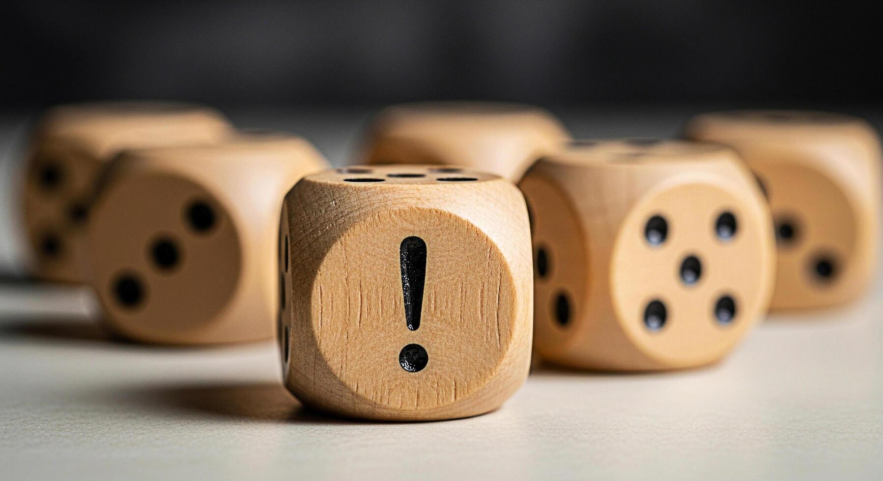 Wooden dice displaying an exclamation mark on a neutral surface symbolizing risk uncertainty and the importance of critical thinking in decisionmaking with a focus on potential problems and solutions photo