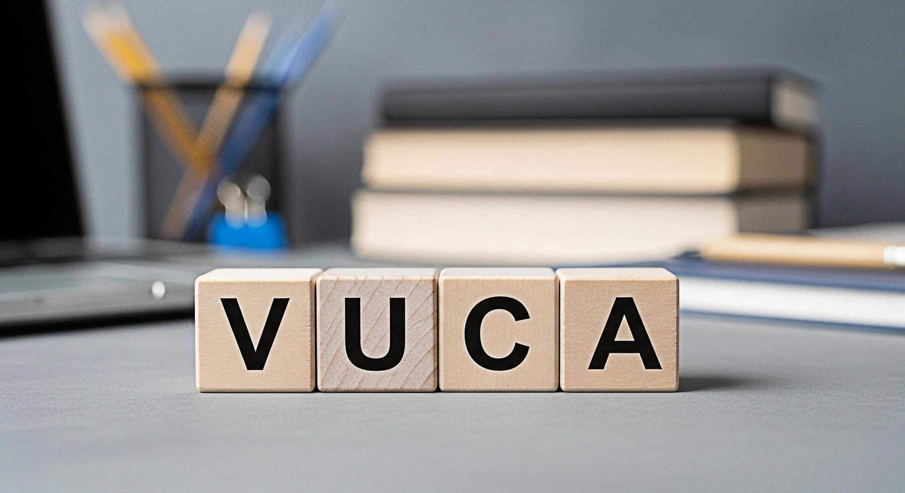 Wooden blocks spelling VUCA on a desk in a modern office environment representing volatility uncertainty complexity and ambiguity in business and strategic planning for future success photo