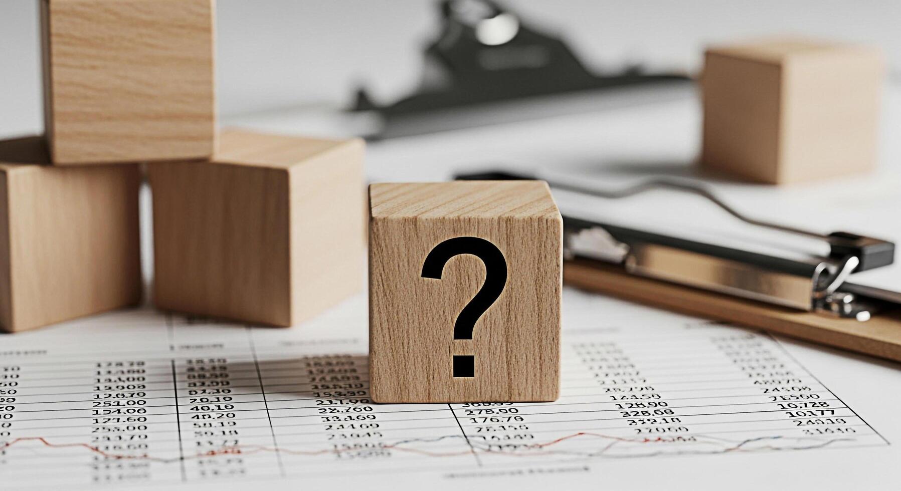 Wooden blocks displaying a question mark on a financial report in a bright office setting representing uncertainty in business analytics and the need for strategic decisionmaking and problemsolving photo