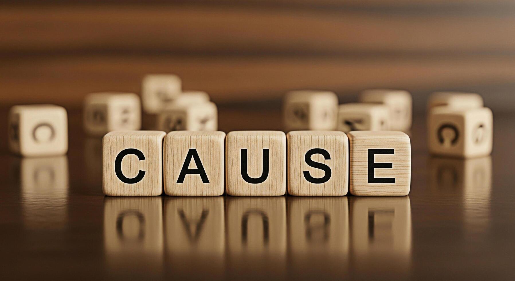 Wooden blocks spelling CAUSE on a reflective surface suggesting reason and motivation in a business setting conveying a sense of purpose and determination for problemsolving and strategic planning photo