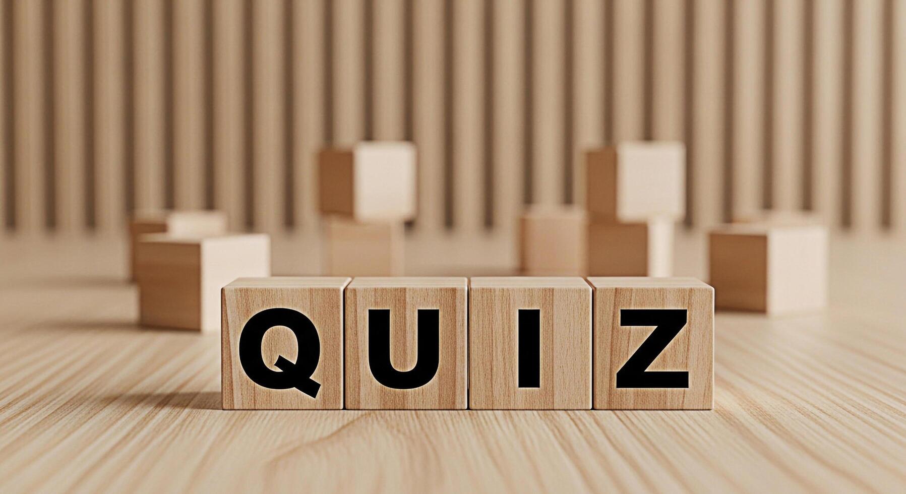 Wooden blocks spelling QUIZ on a wooden table in a bright studio creating a playful and educational atmosphere perfect for online learning platforms and interactive content creation photo