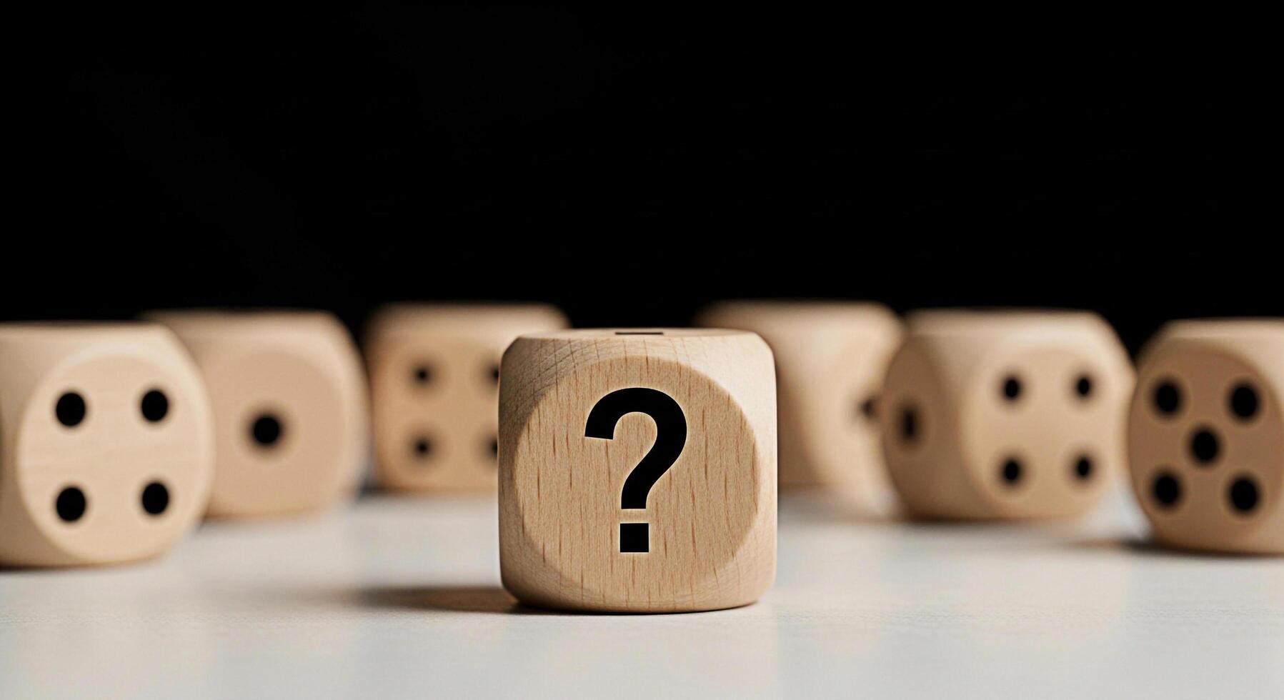 Wooden dice displaying a question mark on a white surface against a dark background symbolizing uncertainty and decisionmaking creating a mysterious and thoughtprovoking atmosphere inviting contemplat photo