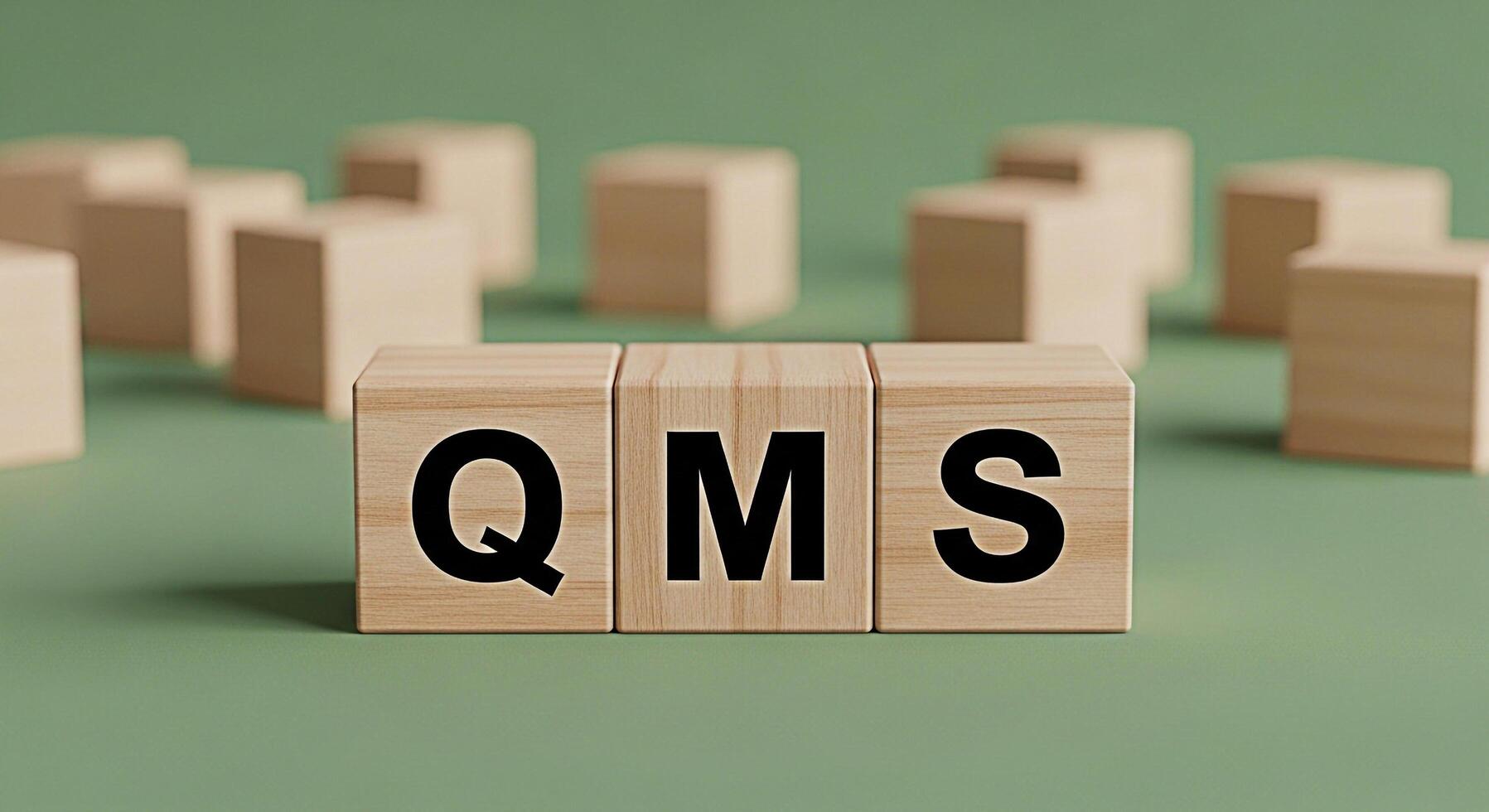 Wooden blocks displaying QMS on a green surface representing quality management system implementation and process improvement for business excellence and operational efficiency in a structured environ photo