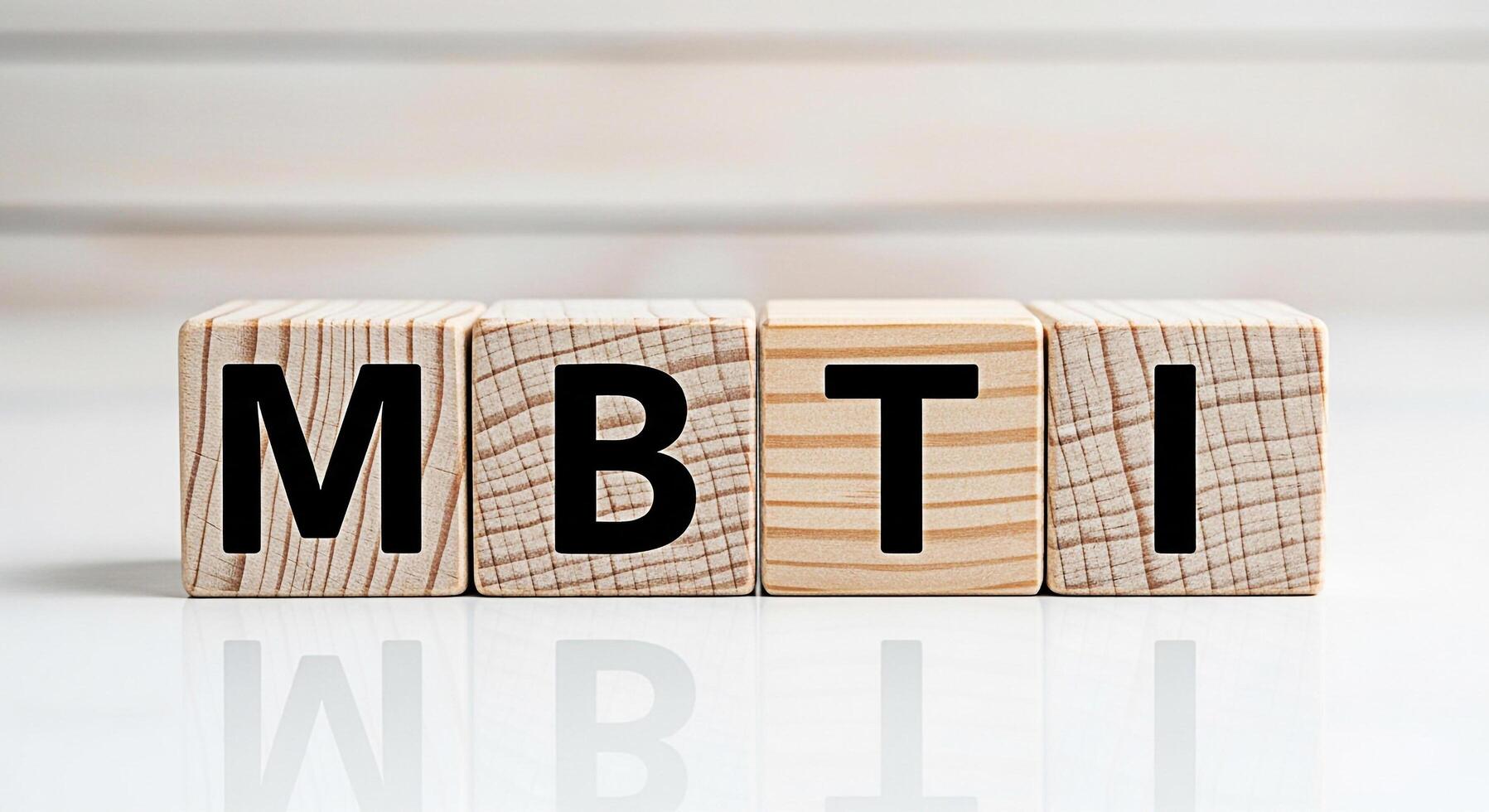 Wooden blocks spelling out MBTI on a white reflective surface representing personality assessment and career guidance creating a bright and informative atmosphere for selfdiscovery and professional de photo