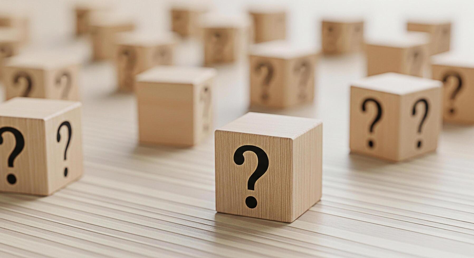 Wooden cubes displaying question marks on a striped surface representing uncertainty curiosity and the search for answers in a minimalist and thoughtprovoking composition photo