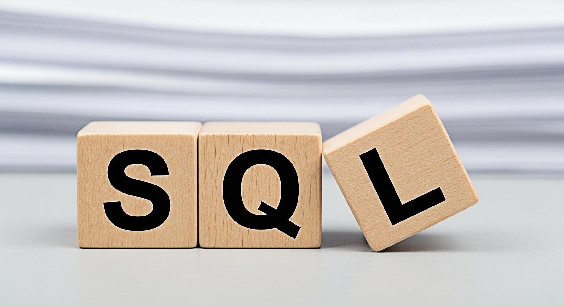 de madera bloques mostrando sql en un neutral superficie representando base de datos administración y preguntando transporte un limpiar y organizado Acercarse a datos manejo en un profesional ambiente foto