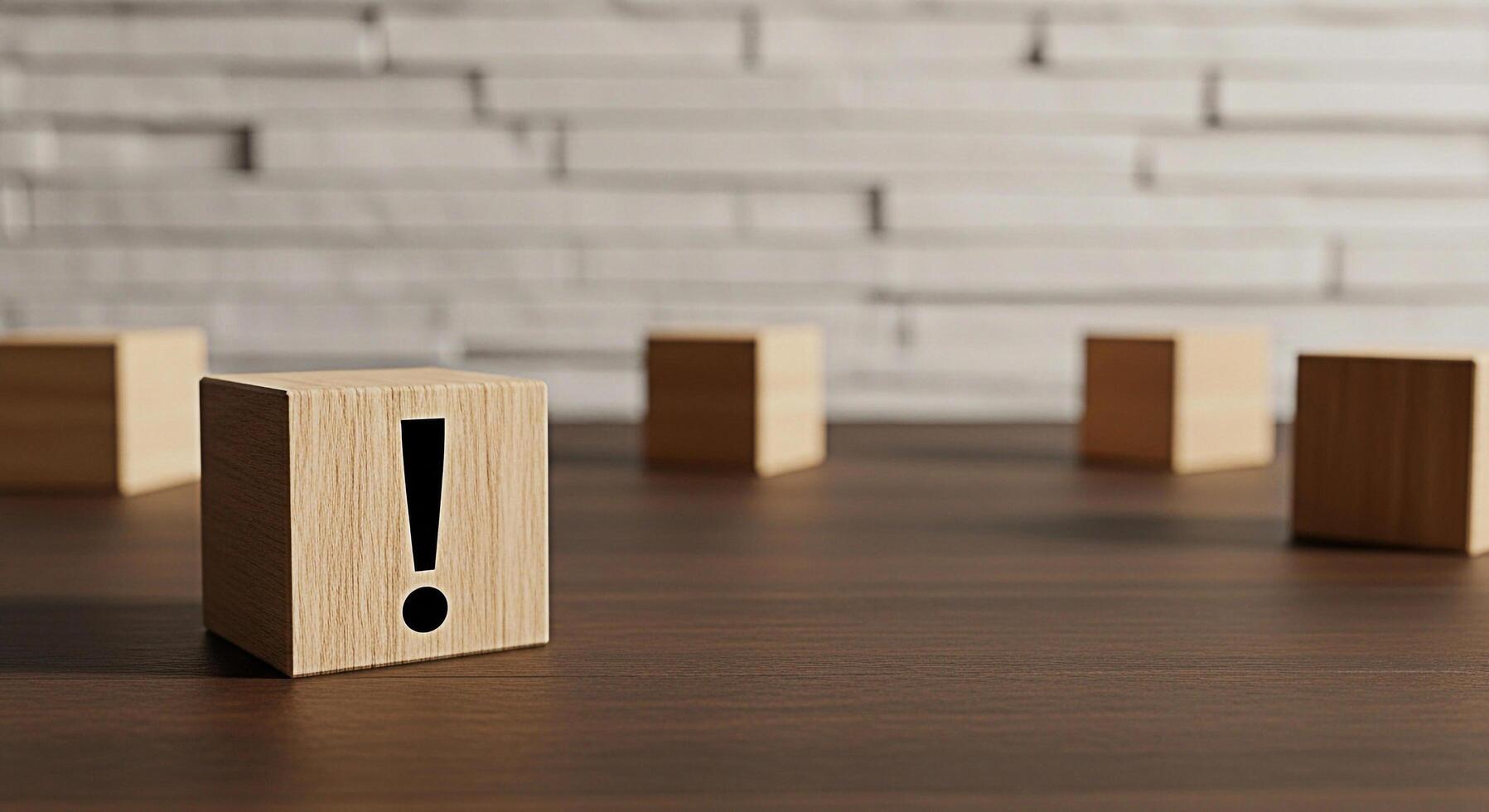 Wooden block displaying an exclamation mark standing out among other blocks on a dark wooden surface creating a sense of urgency and importance against a blurred white brick wall background photo