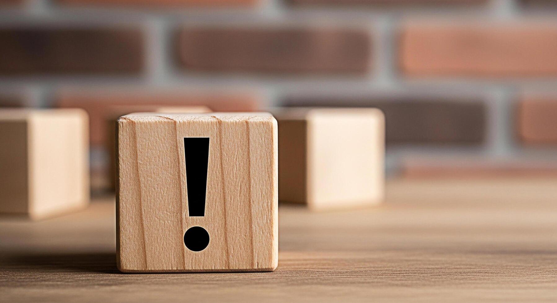 Wooden block displaying an exclamation mark on a wooden table against a brick wall symbolizing attention warning and important information in a simple and minimalist design for business and education photo
