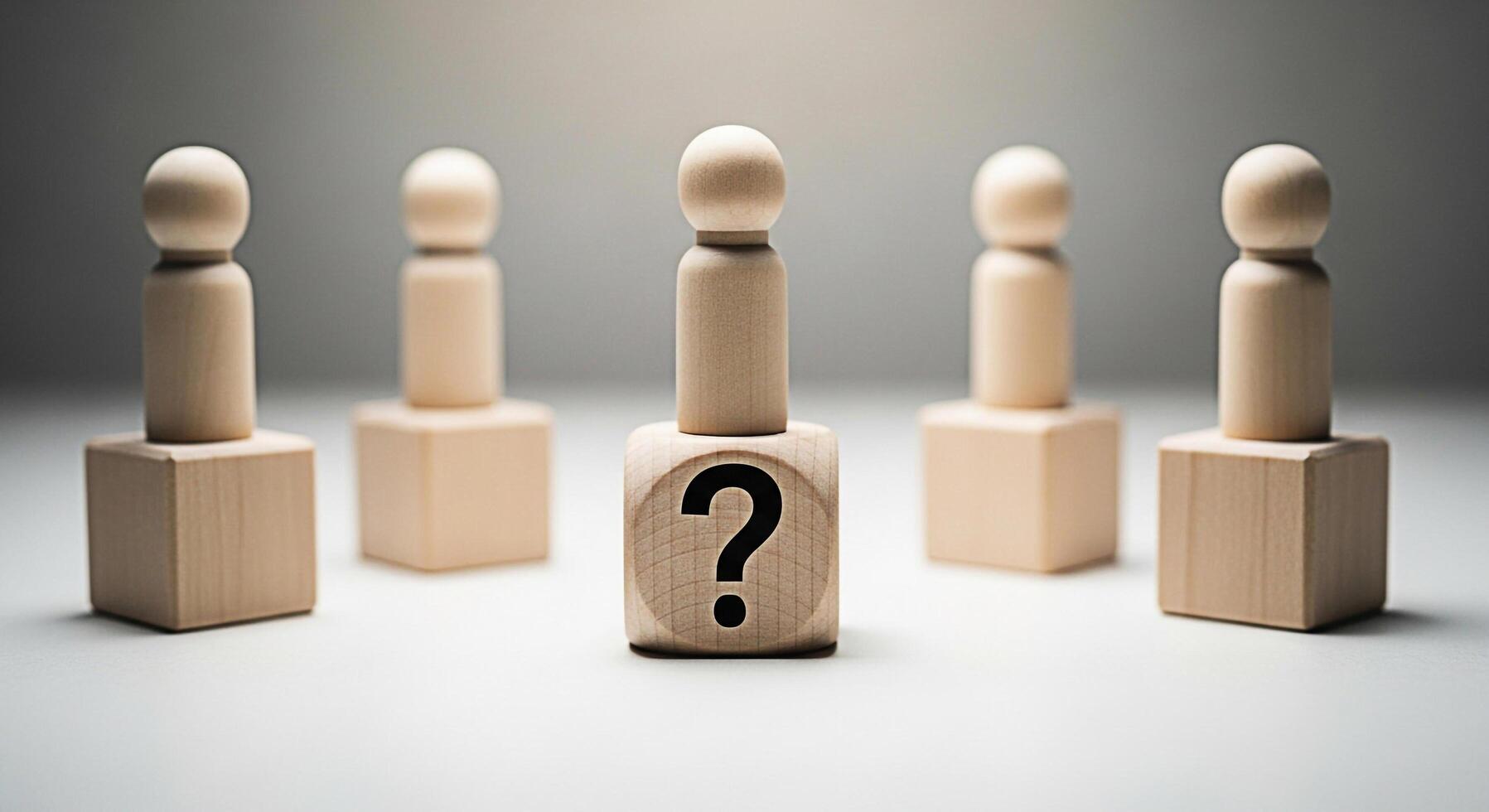 Wooden figures standing on a white surface one figure resting on a cube with a question mark representing uncertainty and decisionmaking in a minimalist and conceptual setting creating a thoughtful mo photo