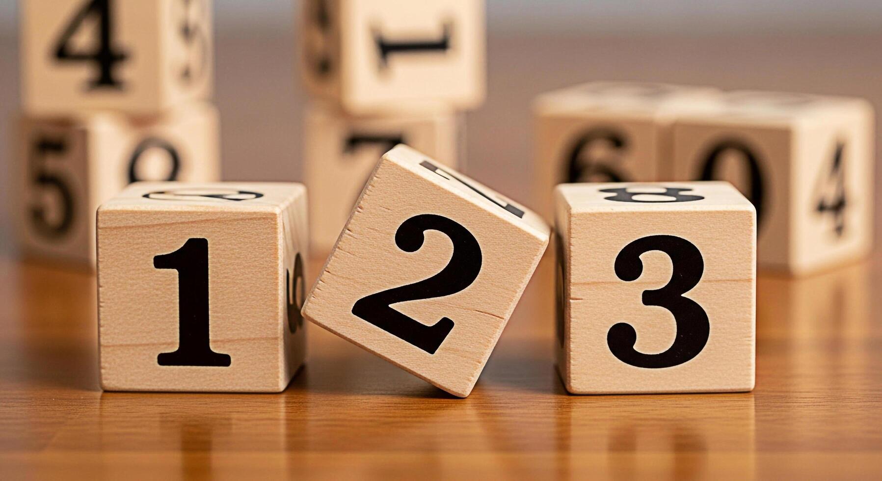 Wooden number blocks displaying sequential numbers on a wooden surface representing early childhood education and development fostering numeracy skills and playful learning in a bright inviting settin photo