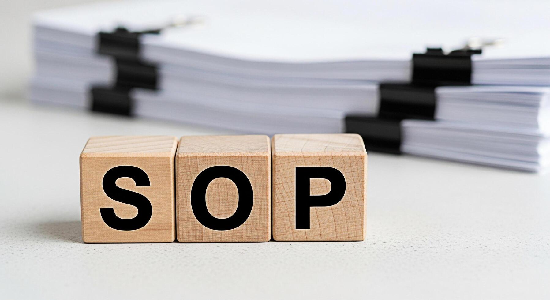 Wooden blocks spelling SOP in a bright office setting representing Standard Operating Procedures for business compliance and operational efficiency emphasizing clarity and systematic processes photo