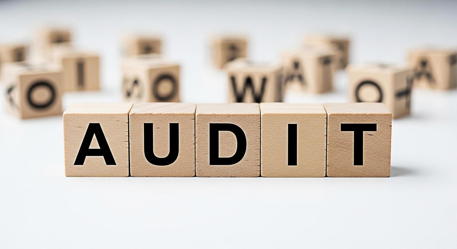 Wooden blocks spelling AUDIT on a white surface with scattered letter blocks representing financial examination and verification in a clean organized setting conveying accuracy and compliance photo