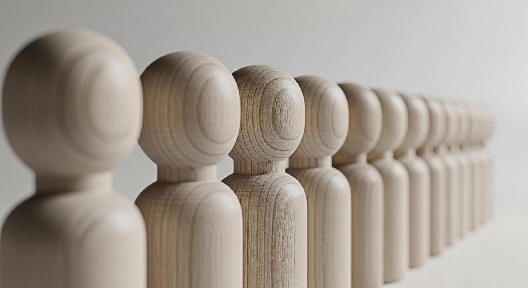 Aligned wooden figures standing in a row against a white background symbolizing unity and teamwork with a minimalist and clean aesthetic perfect for illustrating concepts of community and collaboratio photo