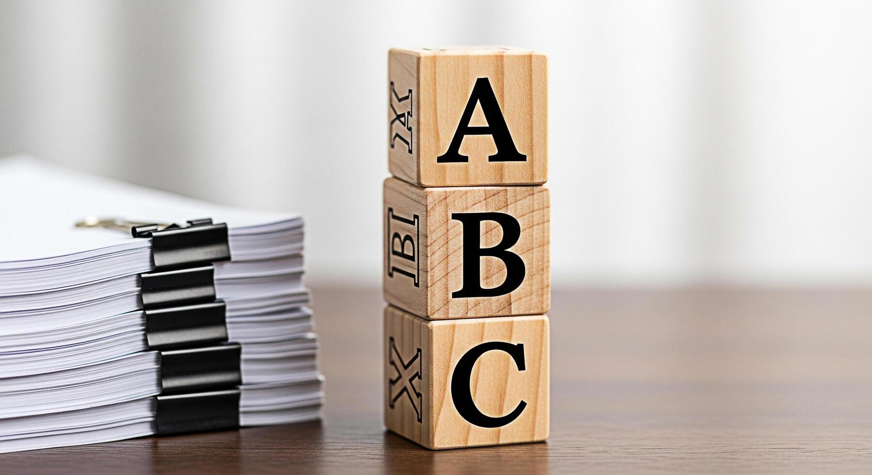 Wooden alphabet blocks displaying ABC next to a stack of papers on a wooden desk symbolizing early childhood education learning the basics and the importance of literacy in a bright minimalist setting photo