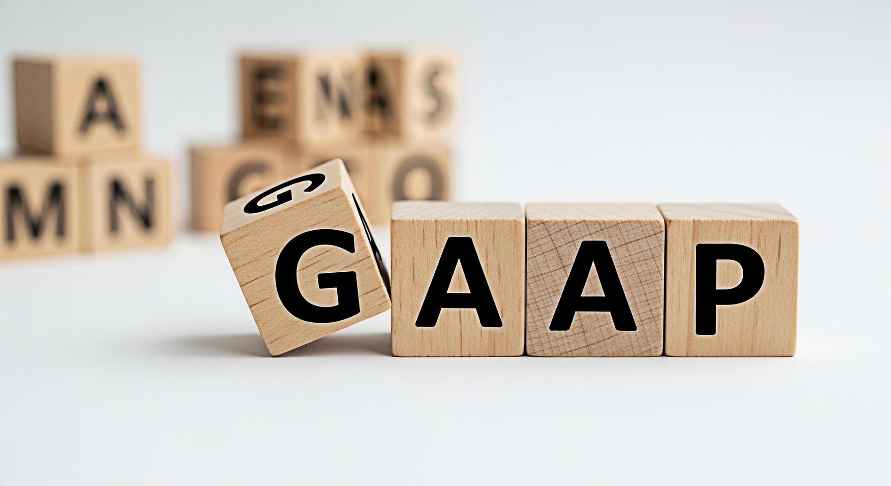 Wooden blocks spelling out GAAP on a white surface representing Generally Accepted Accounting Principles conveying a sense of financial compliance and regulatory standards in a clean minimalist settin photo