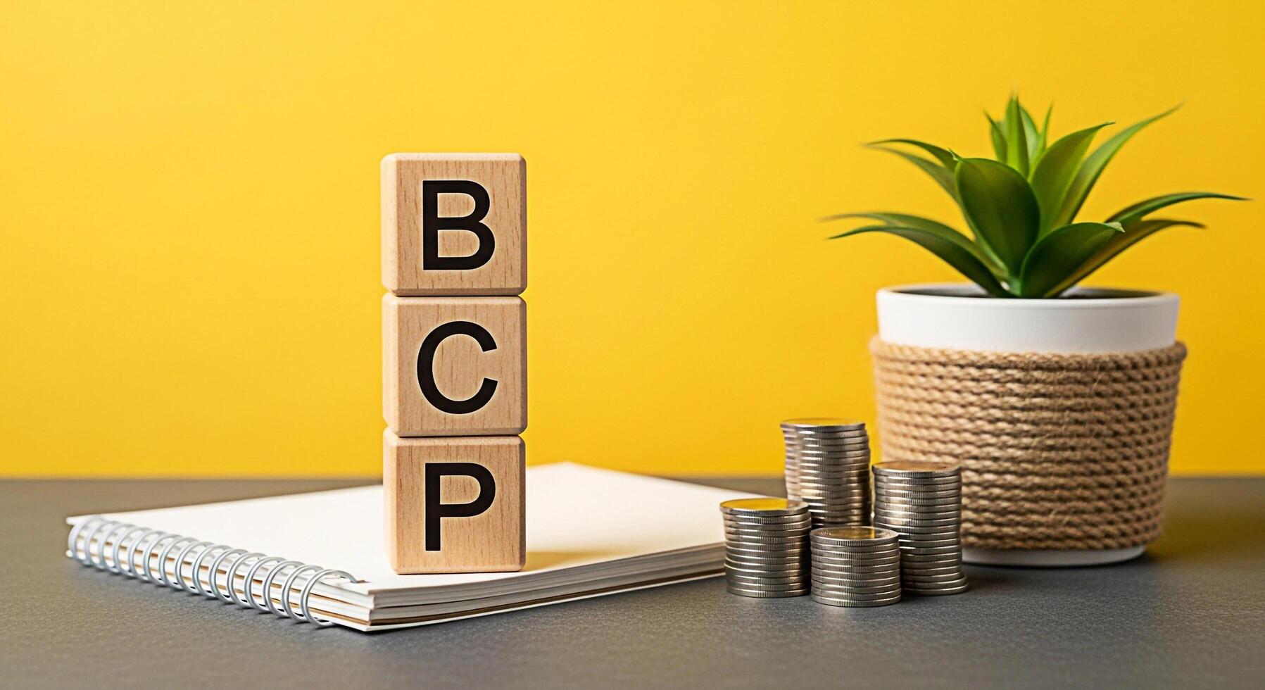 Wooden blocks displaying BCP are stacked on a notebook with coins and a plant against a yellow background representing Business Continuity Planning and financial resilience in a vibrant and organized photo