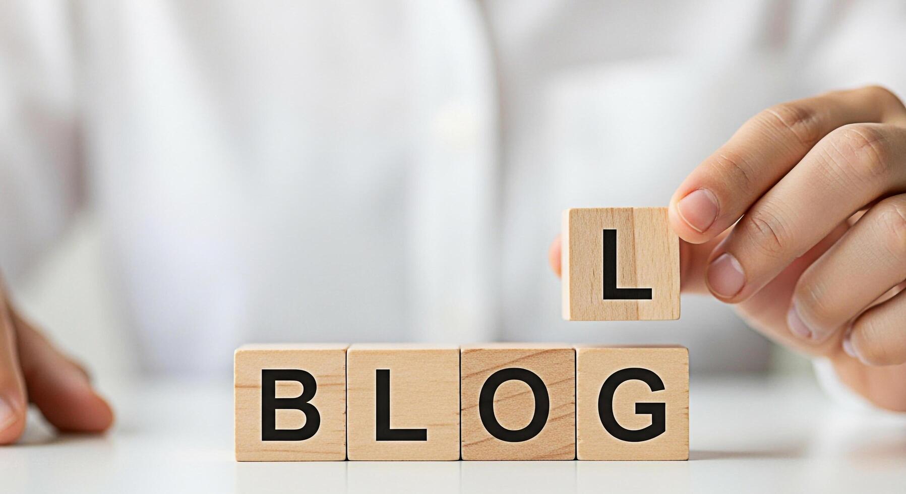 Closeup of a hand placing a wooden block with the letter L to complete the word BLOG on a white table symbolizing content creation and online communication in a bright minimalist setting photo