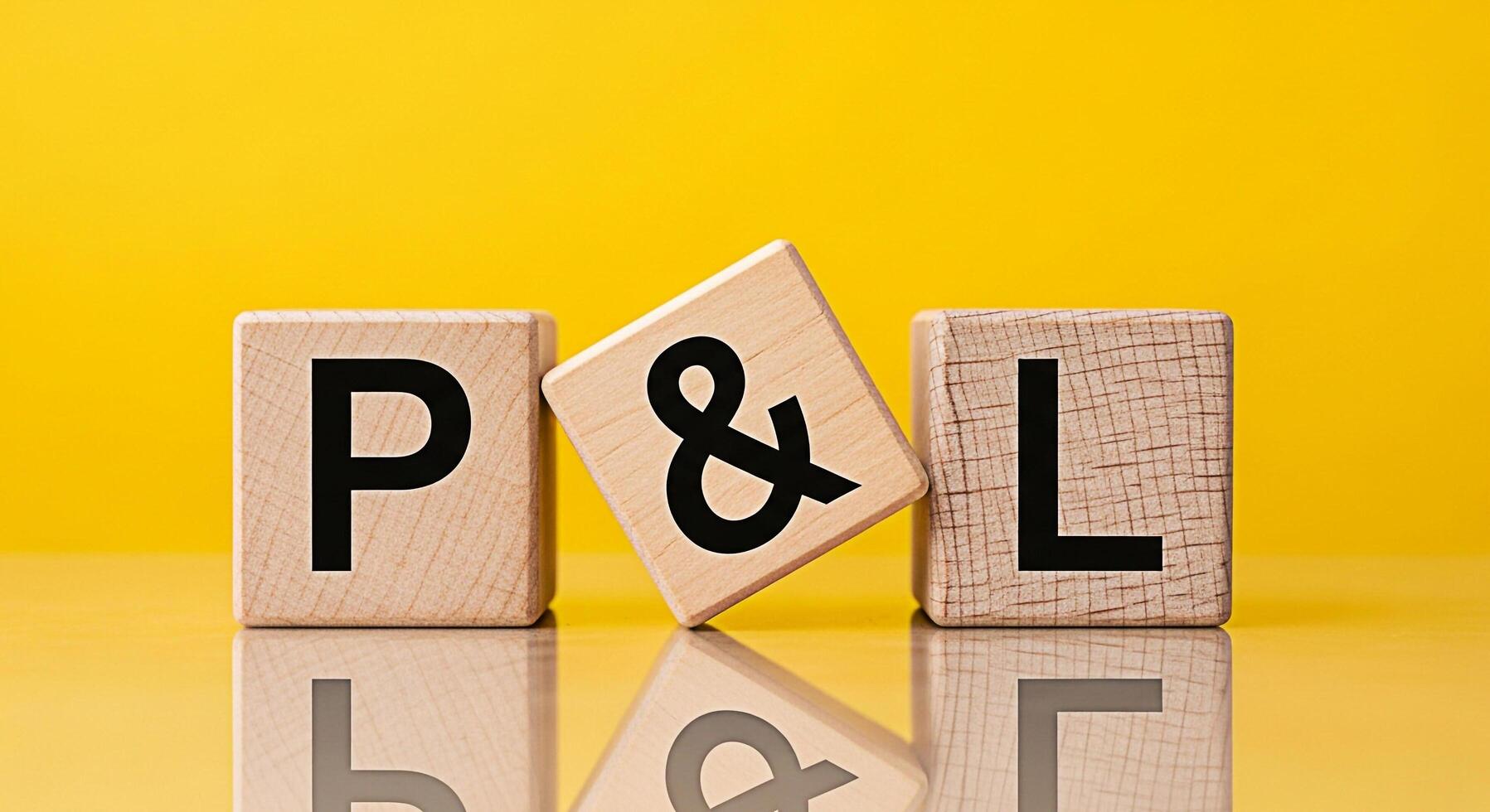 Wooden blocks displaying P L on a bright yellow background representing profit and loss in a simple and visually engaging way ideal for financial concepts and business presentations photo
