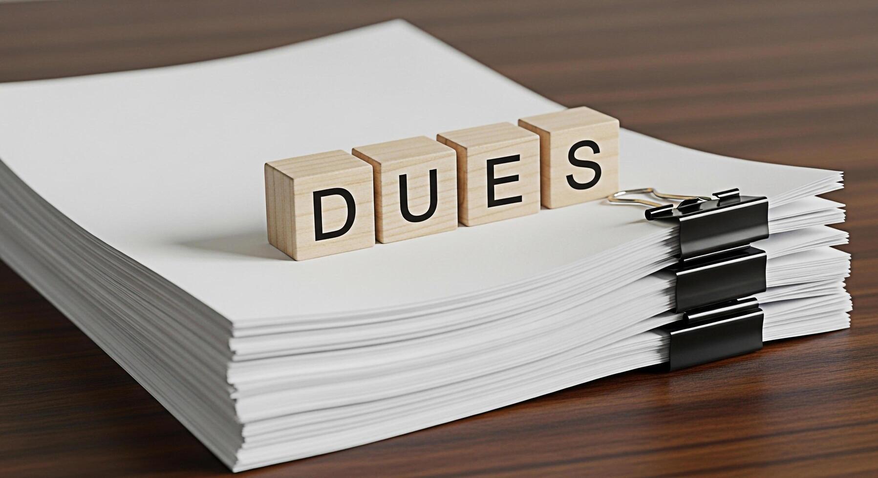Wooden blocks spelling DUES sit atop a stack of papers secured with a binder clip on a wooden desk symbolizing pending payments and financial obligations in a business setting creating a sense of urge photo
