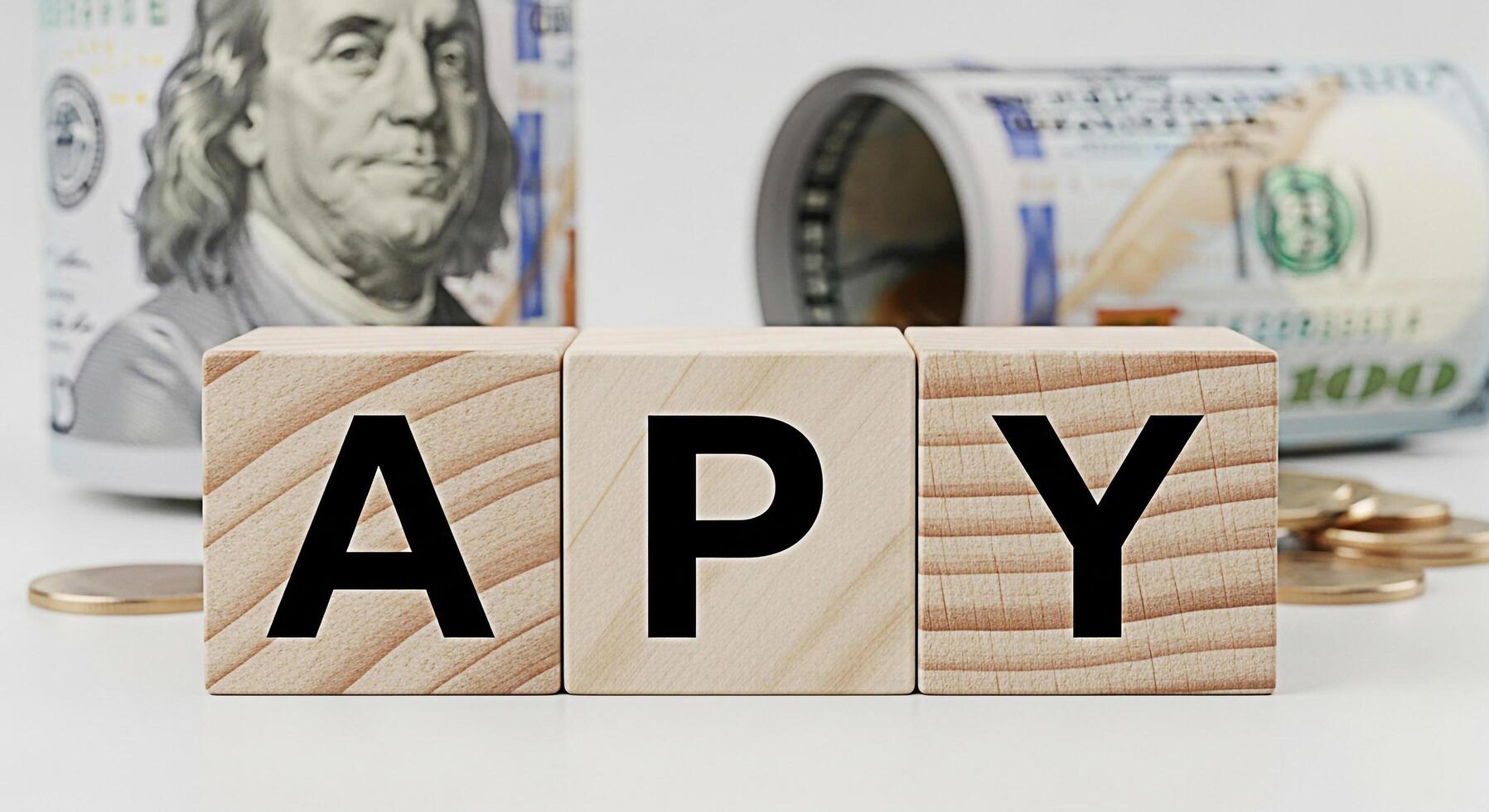 Wooden blocks displaying APY acronym on a white surface with US currency in the background representing financial growth and investment returns in a clean modern setting conveying trust and stability photo