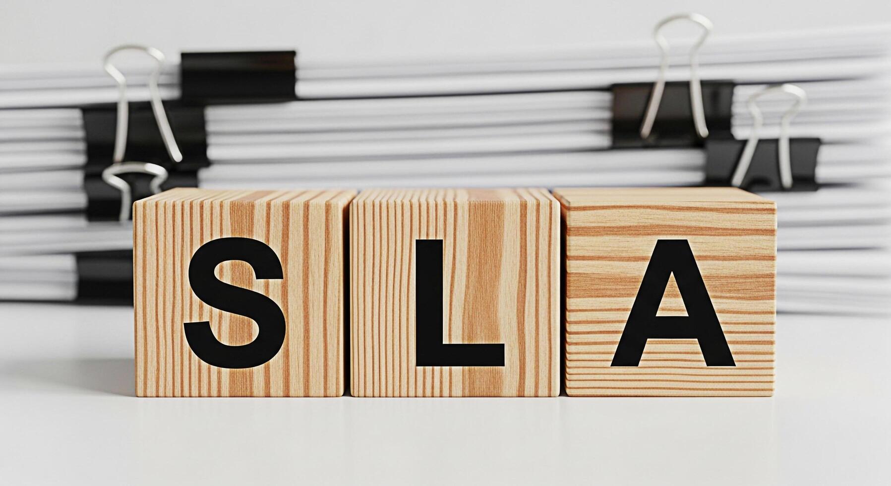 Wooden blocks spelling SIA in front of stacked documents secured with binder clips symbolizing compliance and regulatory adherence in a professional office setting conveying a sense of order and preci photo