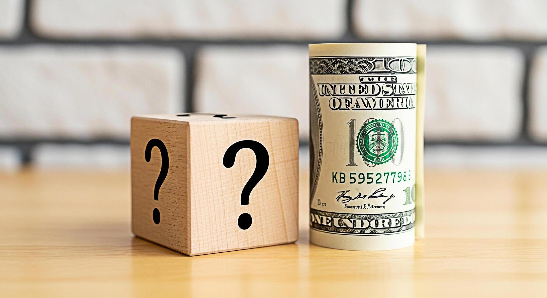 Wooden block with question marks sitting next to a roll of hundred dollar bills on a wooden table representing financial uncertainty and investment decisions in a modern minimalist setting photo