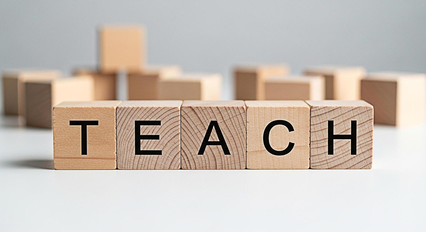 Wooden blocks spelling TEACH on a white surface symbolizing education and learning in a minimalist setting conveying a message of knowledge and guidance for students and educators alike photo