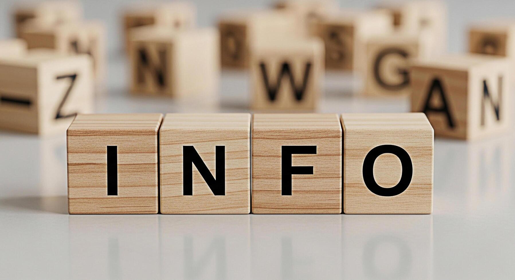 Wooden blocks spelling INFO on a reflective surface surrounded by other letter blocks conveying a sense of knowledge learning and the importance of information in a clean minimalist setting photo