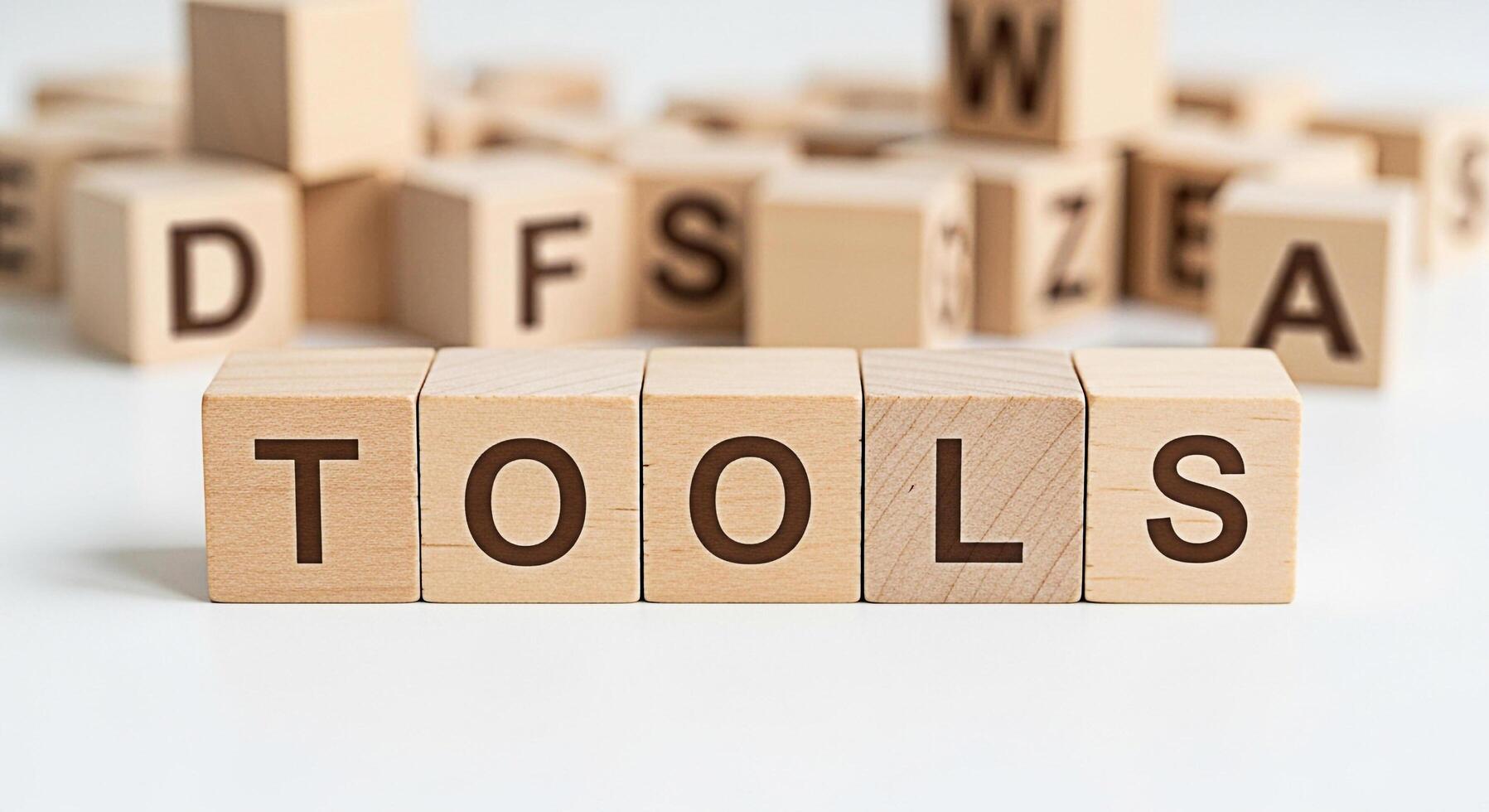 Wooden blocks spelling TOOLS on a white surface representing resources and equipment in a clean minimalist setting conveying a sense of organization efficiency and the importance of having the right t photo