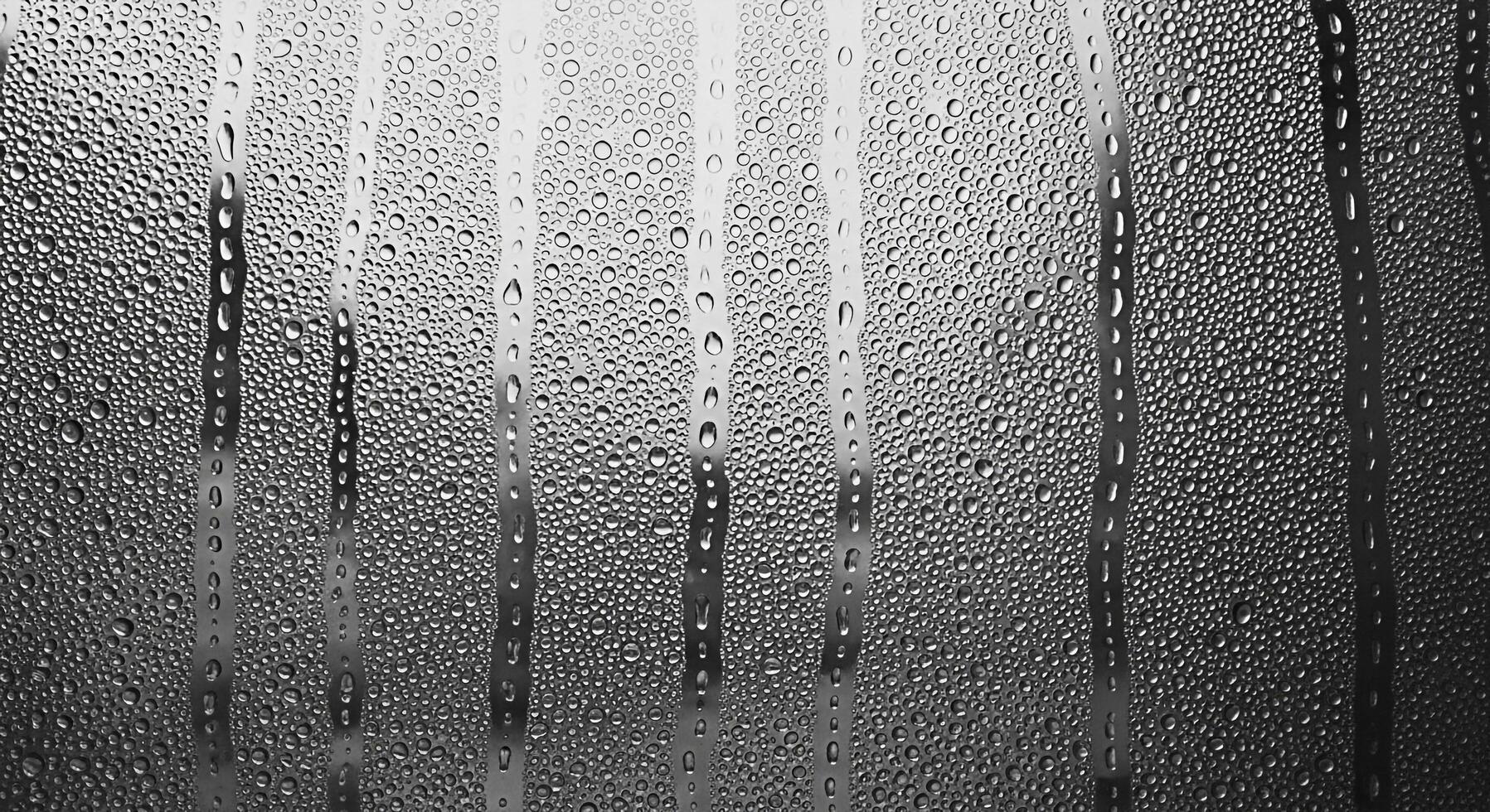 Condensation droplets clinging to a cold glass surface creating a textured pattern with vertical streaks evoking a sense of moisture and coolness in a monochrome abstract background photo