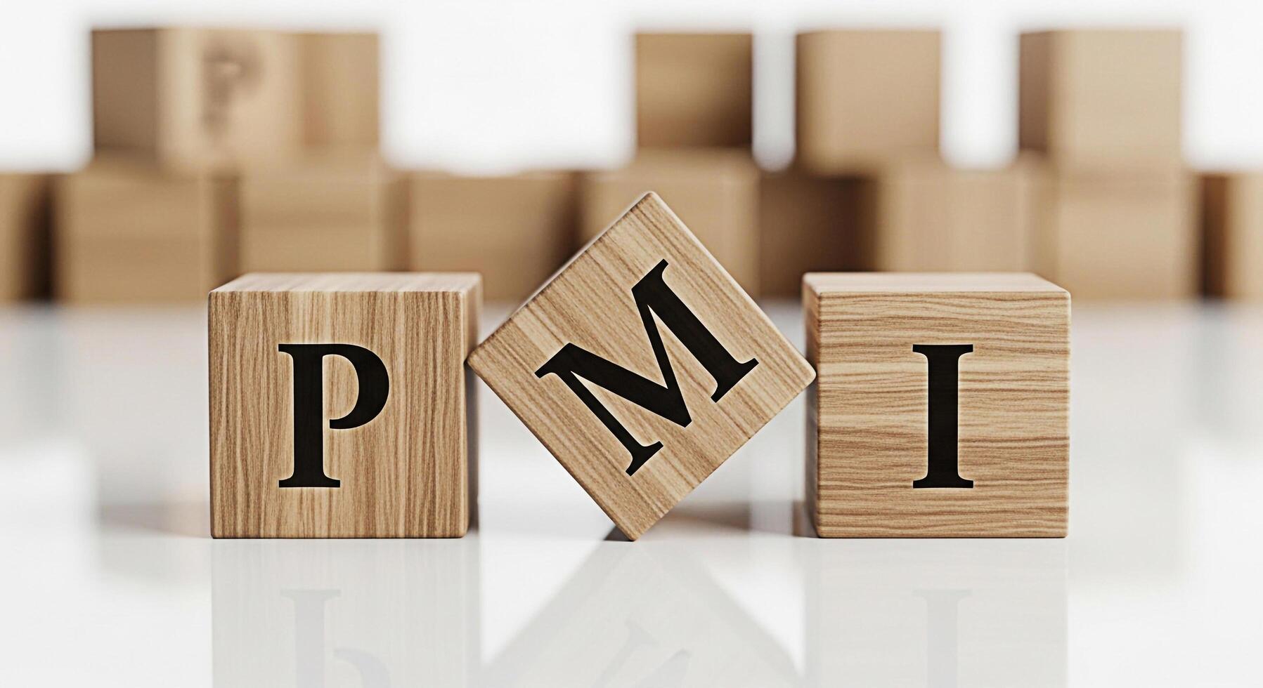 Wooden blocks spelling PMI on a reflective white surface representing the concept of Project Management Institute and its importance in business and professional development conveying a sense of clari photo