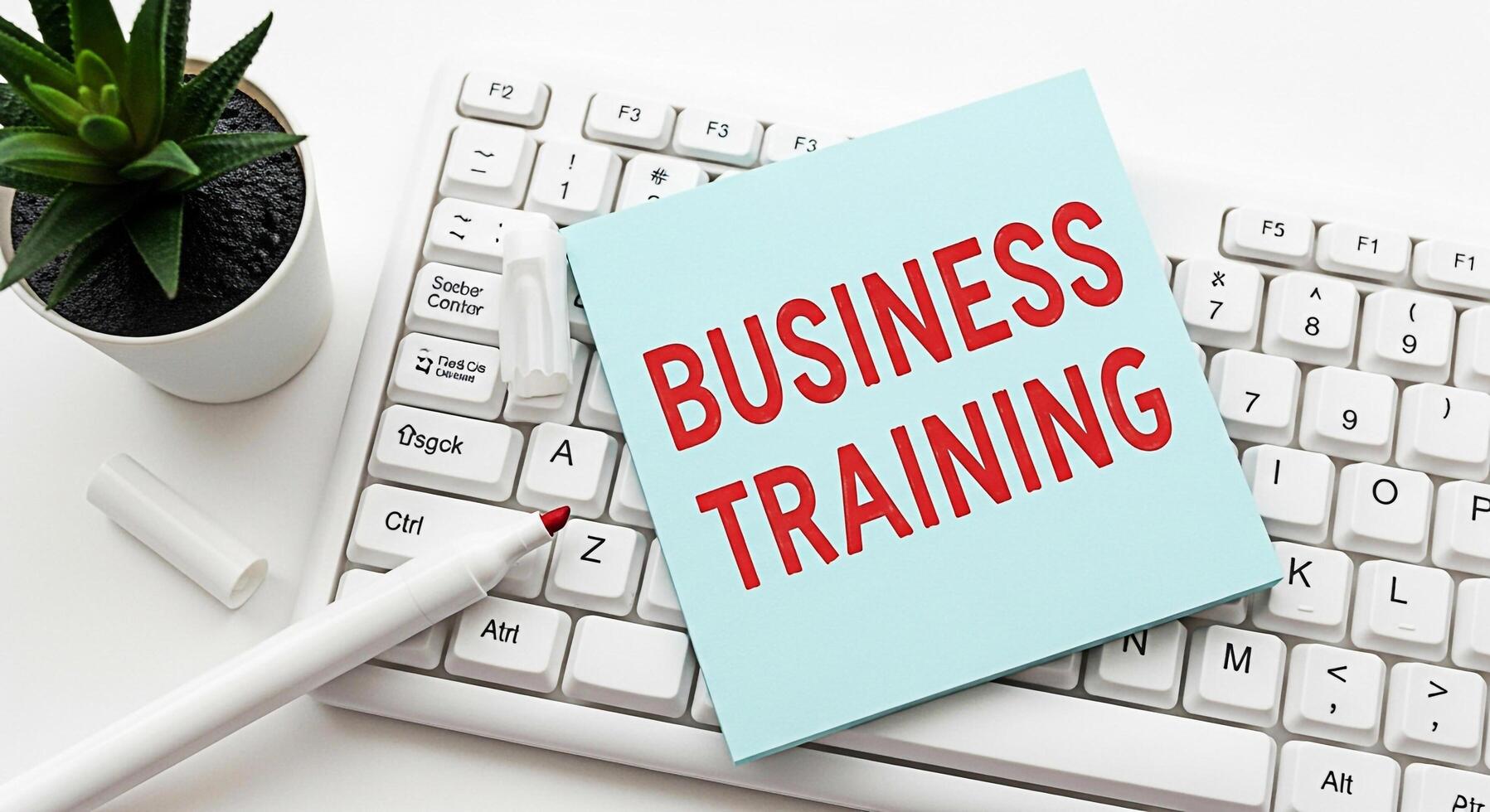 Closeup of a light blue sticky note with the words Business Training in red placed on a white computer keyboard in a bright office setting conveying a message of professional development and learning photo