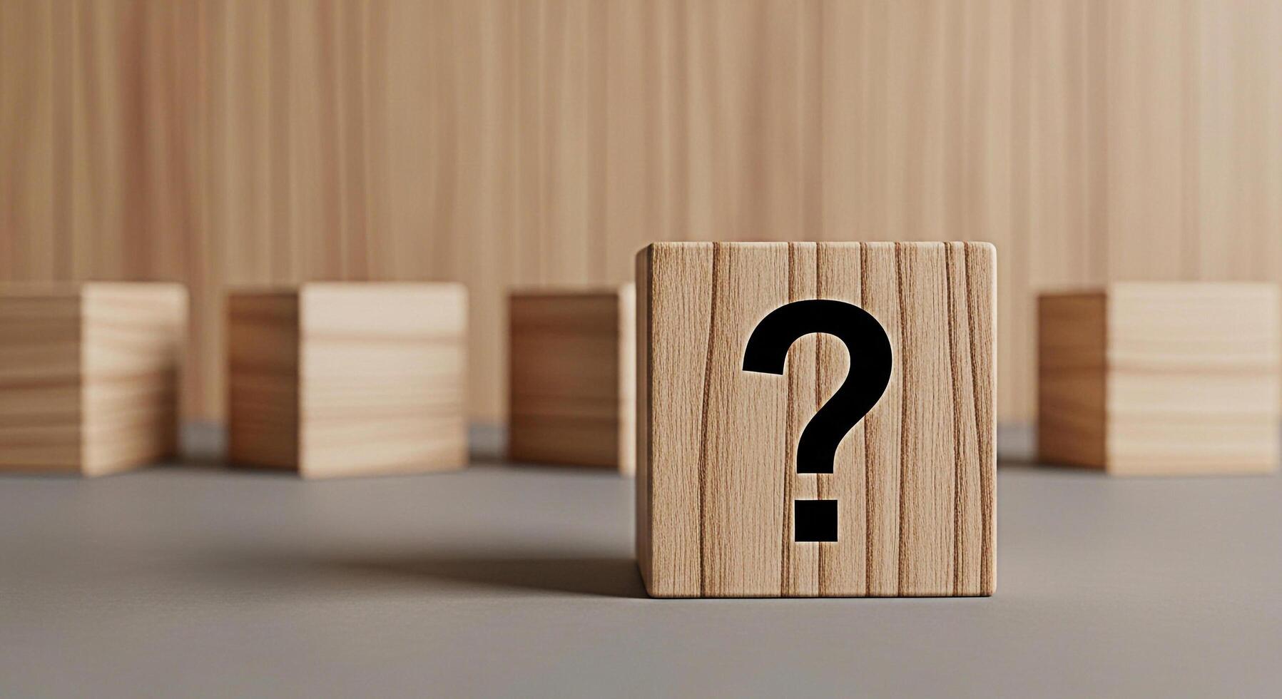 Prominent wooden block displaying a question mark in a minimalist studio setting symbolizing uncertainty and the search for answers in a clean modern aesthetic photo
