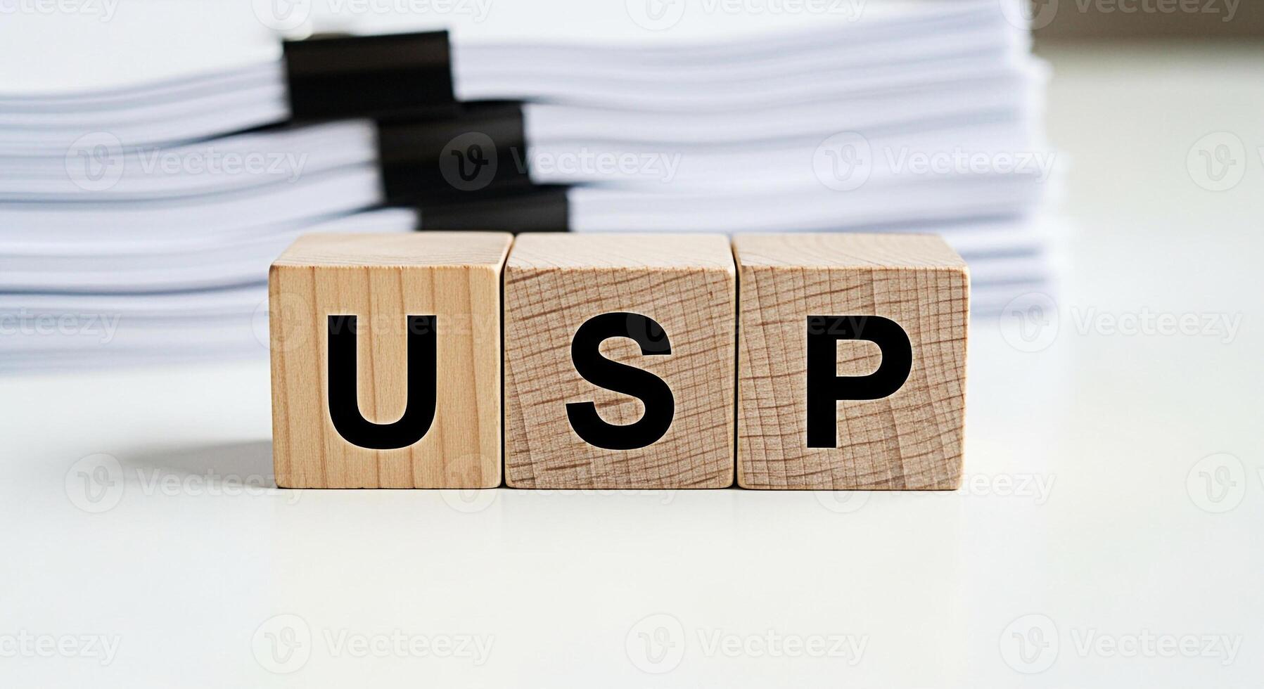 Wooden blocks displaying USP on a white desk with a stack of documents representing unique selling proposition business strategy and competitive advantage in a clean professional setting photo