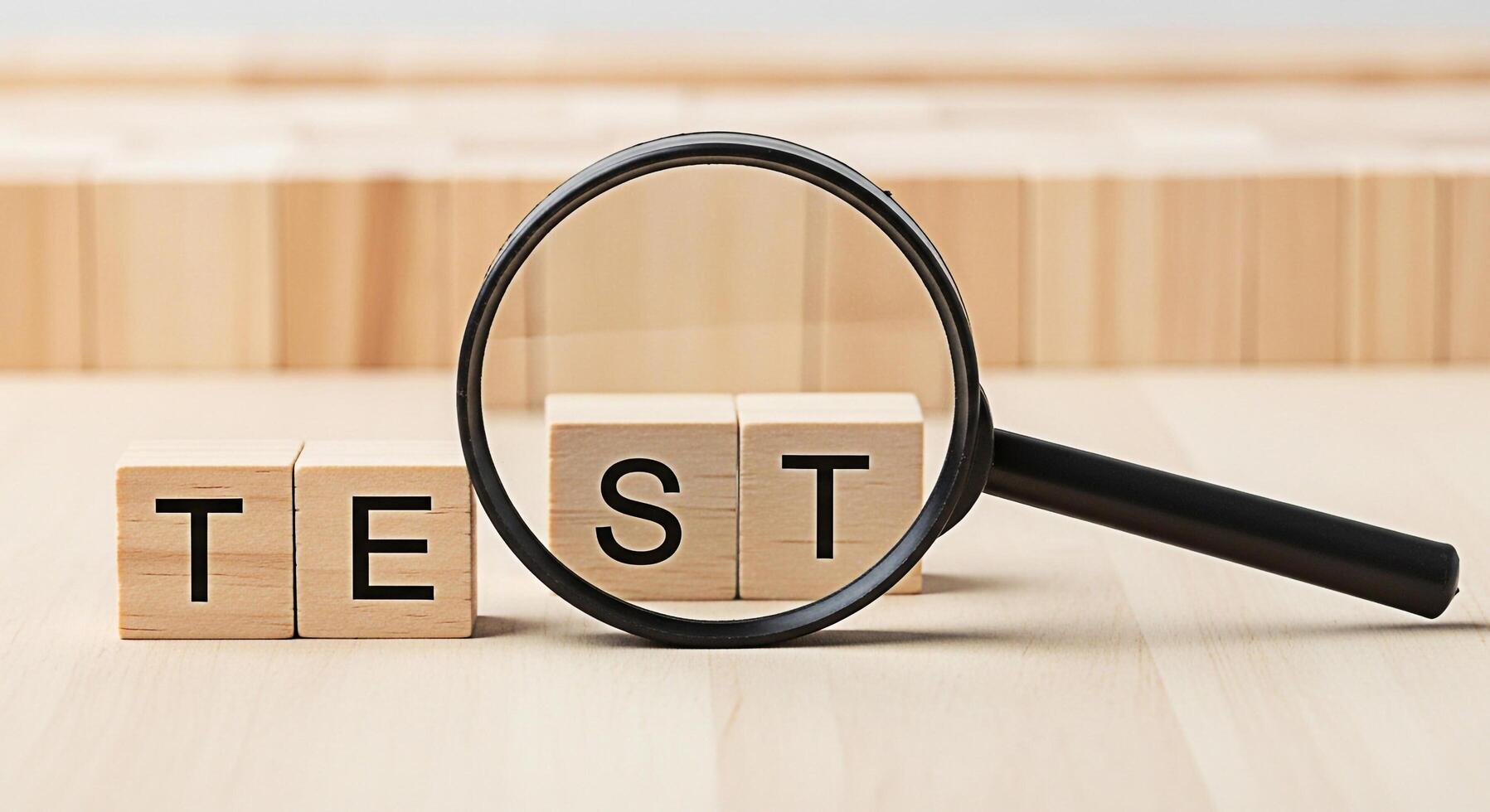 Magnifying glass focusing on wooden blocks spelling the word TEST on a bright wooden surface symbolizing examination analysis and the importance of quality assurance and rigorous testing procedures photo