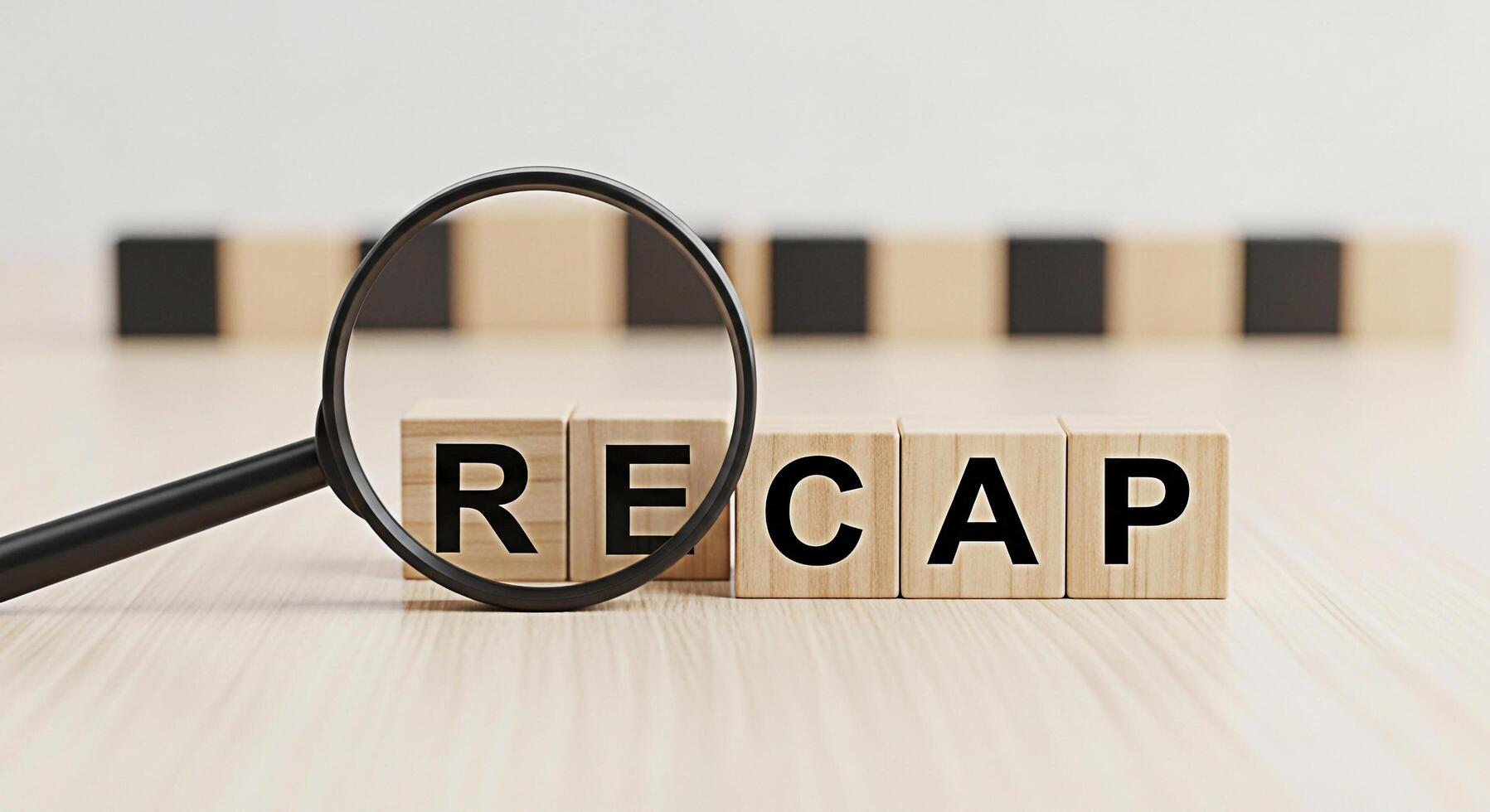Magnifying glass focusing on wooden blocks spelling RECAP on a bright wooden surface symbolizing review and summary with a clear concise and analytical approach to information processing photo