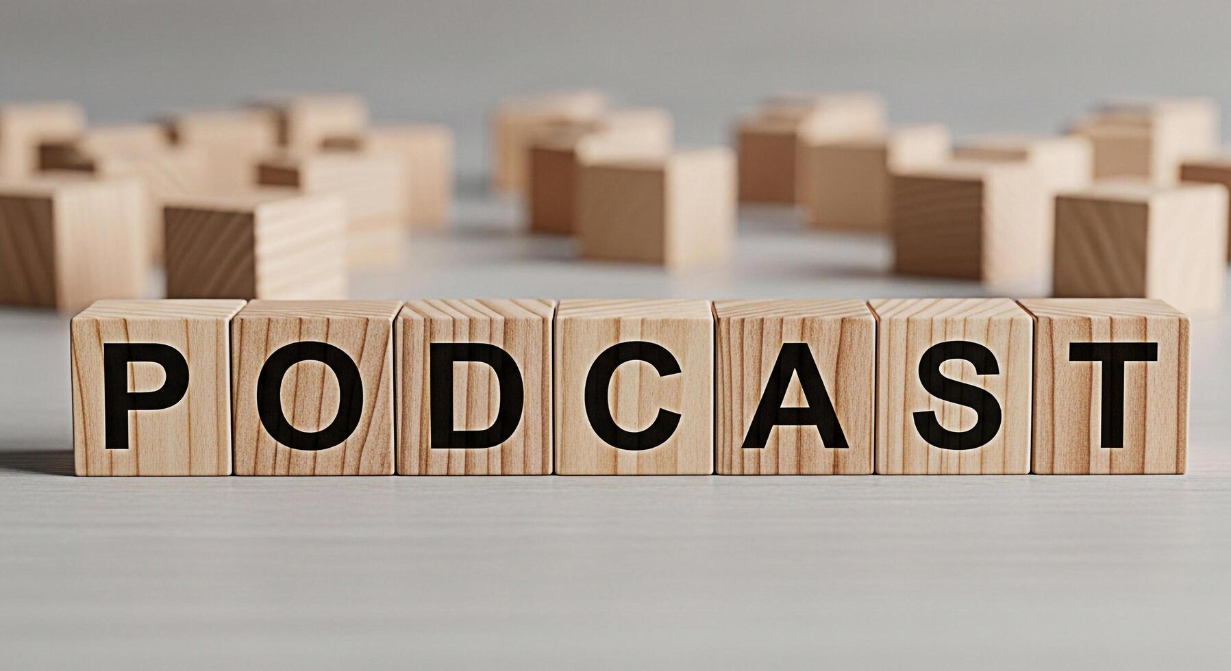 Wooden blocks spelling PODCAST on a white surface representing the growing popularity and accessibility of audio content creating an atmosphere of learning and information sharing in the digital age photo