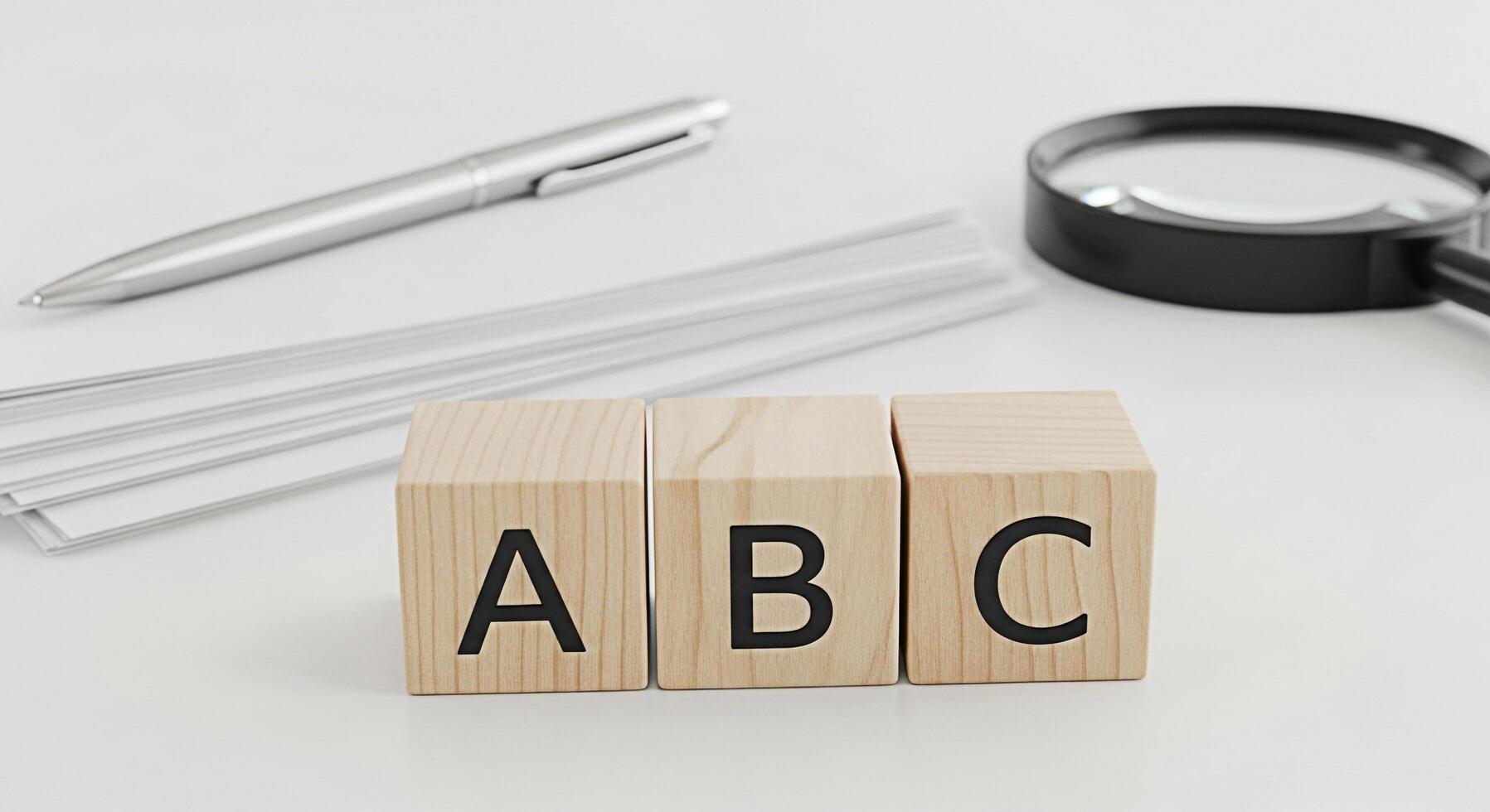 Wooden ABC blocks arranged on a white desk with a pen paper and magnifying glass symbolizing learning education and the basics of literacy in a clean and minimalist environment photo