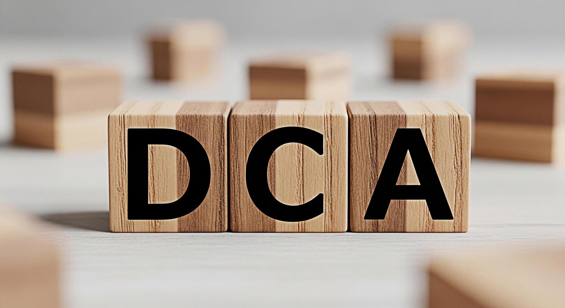 Wooden blocks spelling DCA on a white surface representing Dollar Cost Averaging investment strategy showing a methodical approach to wealth building and financial planning in a neutral setting photo