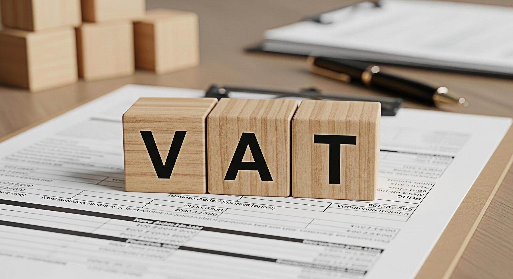 Wooden blocks spelling VAT on a financial document in a business setting representing value added tax and financial compliance creating a sense of fiscal responsibility and transparency photo