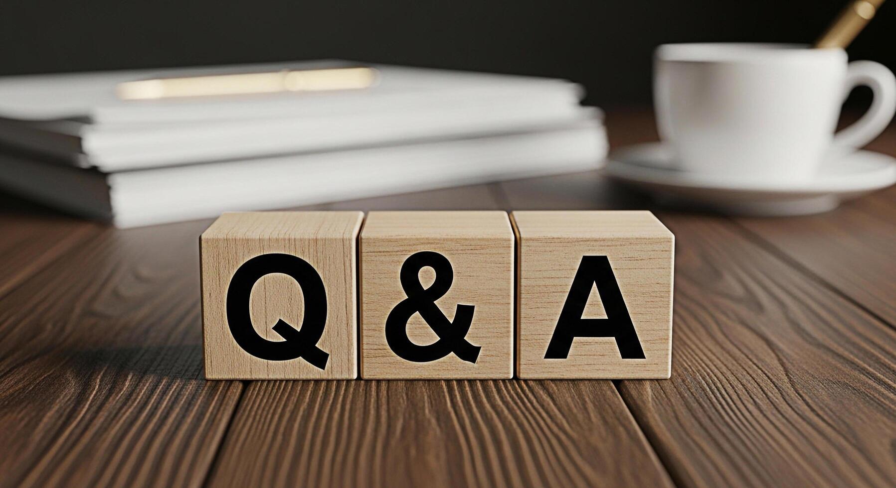 Wooden blocks displaying Q A on a wooden desk with a cup of coffee and stack of papers symbolizing knowledge sharing and problemsolving in a professional and collaborative environment photo