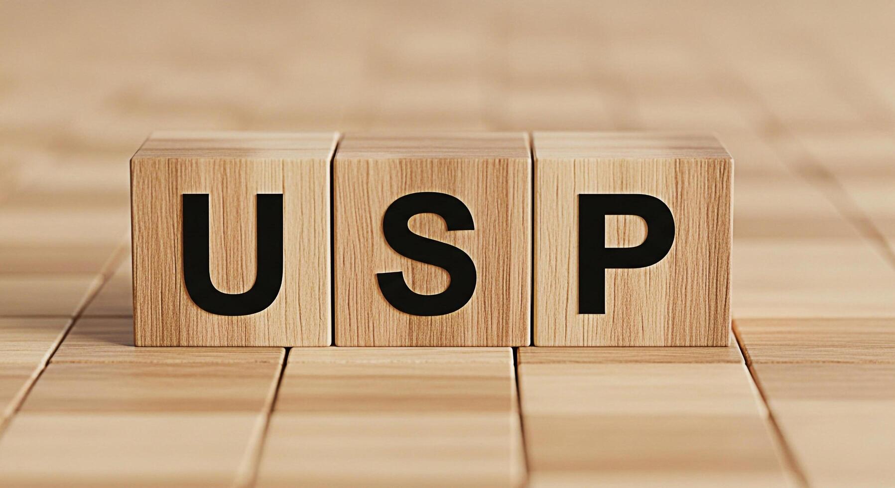 Wooden blocks displaying USP on a wooden surface representing Unique Selling Proposition a key marketing concept for business success and competitive advantage in a neutral minimalist setting photo