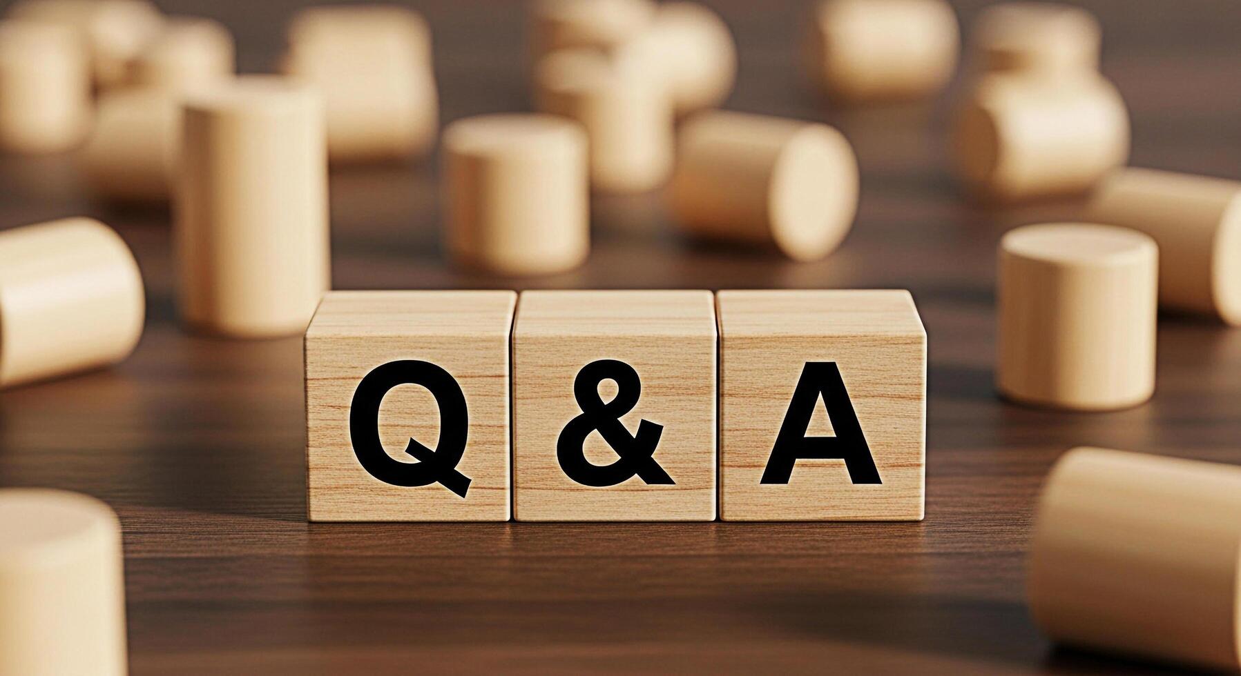 Wooden blocks displaying Q A on a dark wooden surface surrounded by cylinder shapes representing a concept of knowledge information and problemsolving in a simple and minimalist setting photo