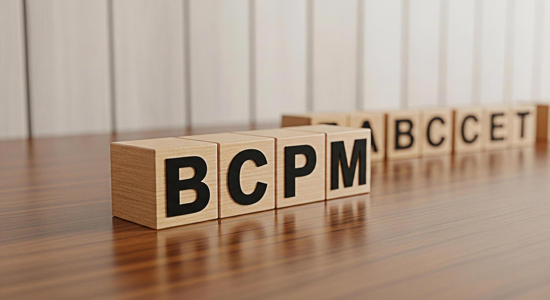 Wooden blocks displaying BCPM and ABC CET on a polished wooden surface representing business concepts and strategic planning in a corporate environment conveying a sense of organization and precision photo