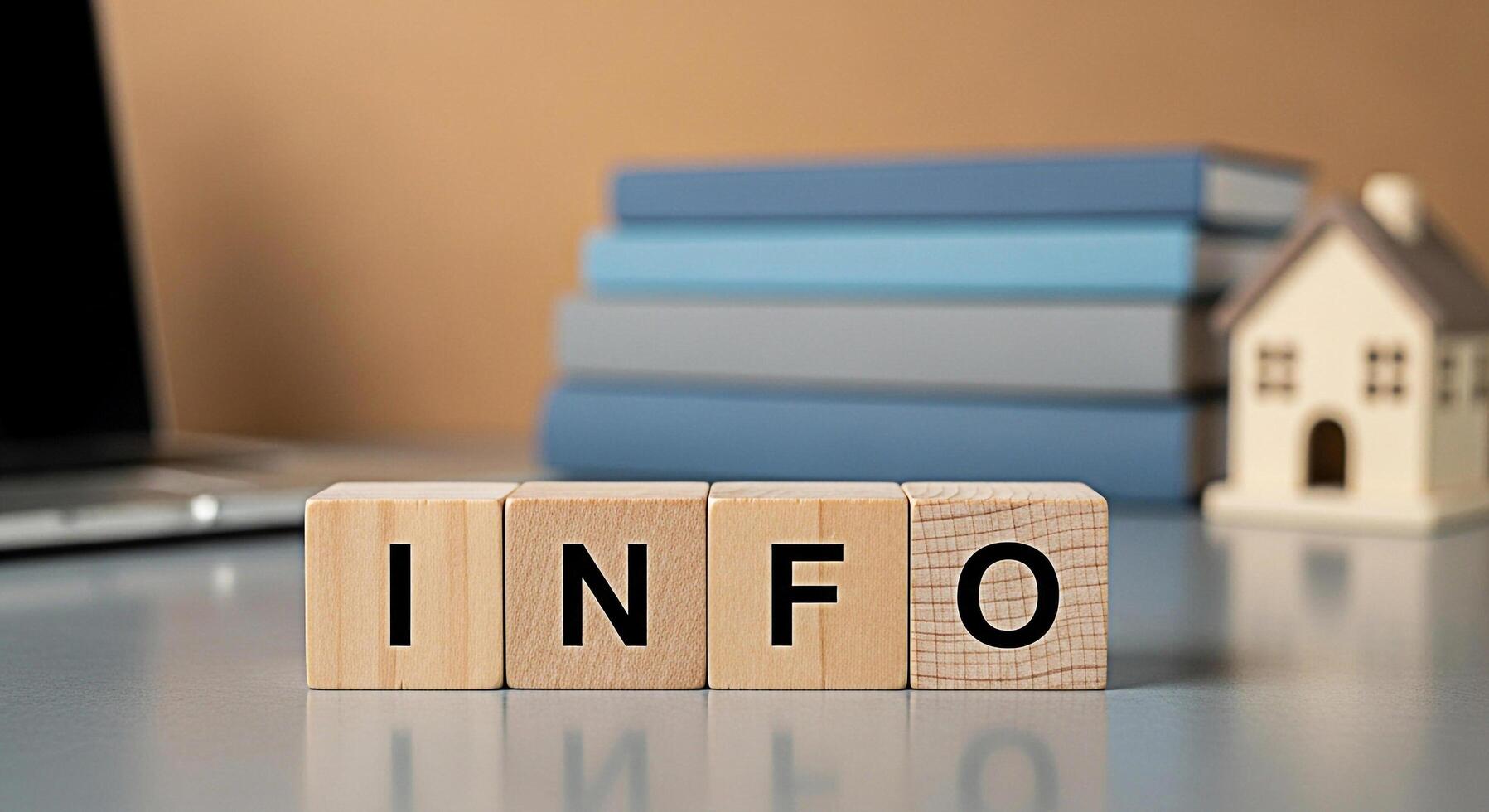 Wooden blocks spelling INFO on a desk with a laptop and books conveying information and knowledge in a home office setting creating an atmosphere of learning and research for real estate investment photo