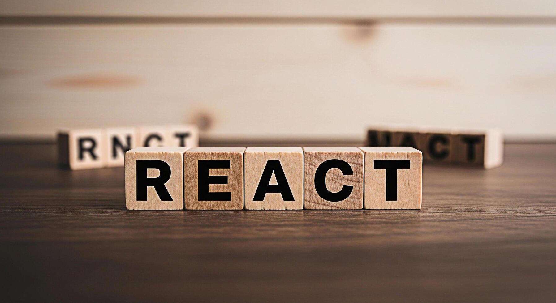 Wooden blocks spelling REACT on a wooden table representing the popular JavaScript library conveying a sense of modern web development and innovation in a simple clean and professional setting photo