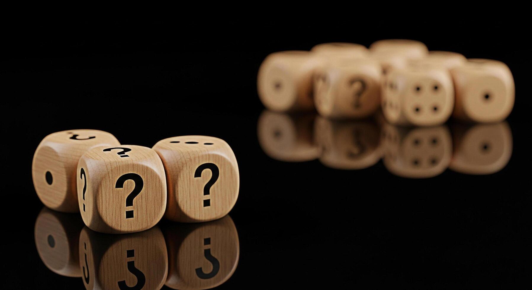 Wooden dice displaying question marks and numbers on a reflective black surface symbolizing uncertainty and chance in a game of strategy creating a mysterious and intriguing atmosphere photo